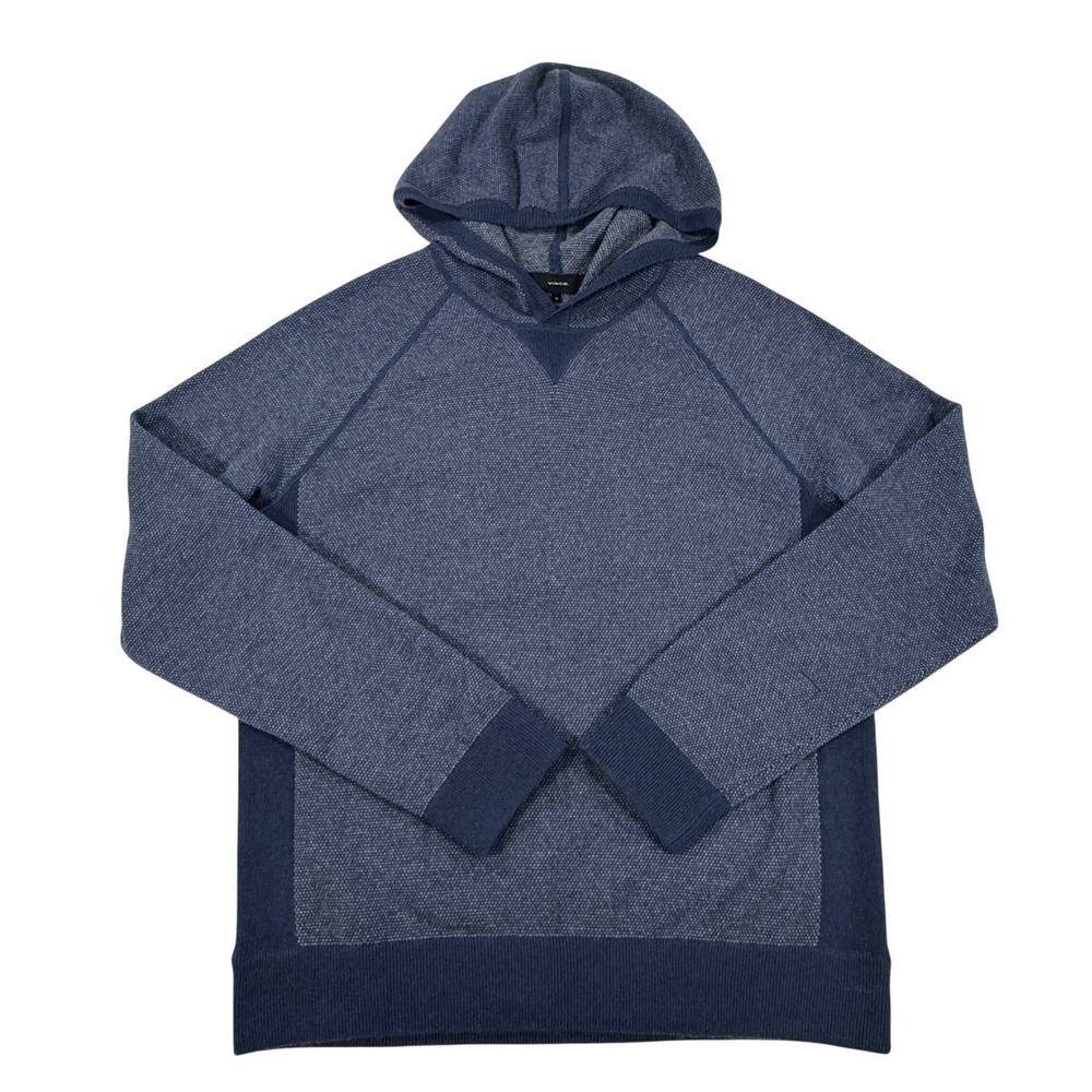 Vince Wool Cashmere Blend Textured Knit Hoodie Blue Raglan Pullover Men's Medium